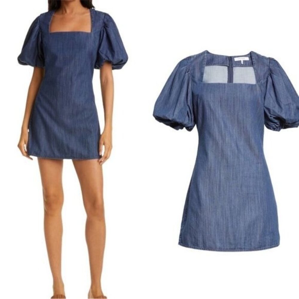 FRAME NINA PUFF SLEEVE DENIM IN GORHAM DRESS LARGE